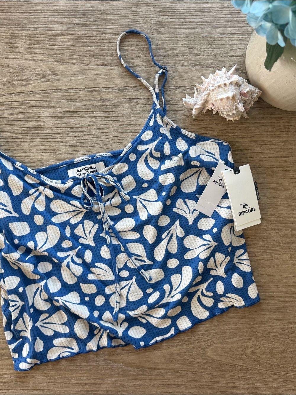 Rip Curl Blue and White Floral Tie-Front Cami